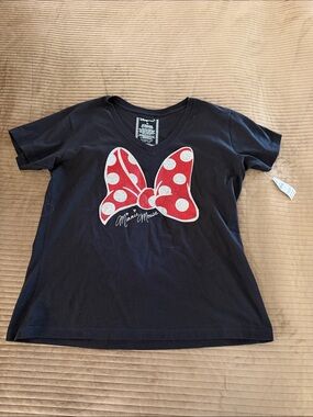 Disney Minnie Mouse Sparkle Bow Black Organic Cotton V-Neck Tee